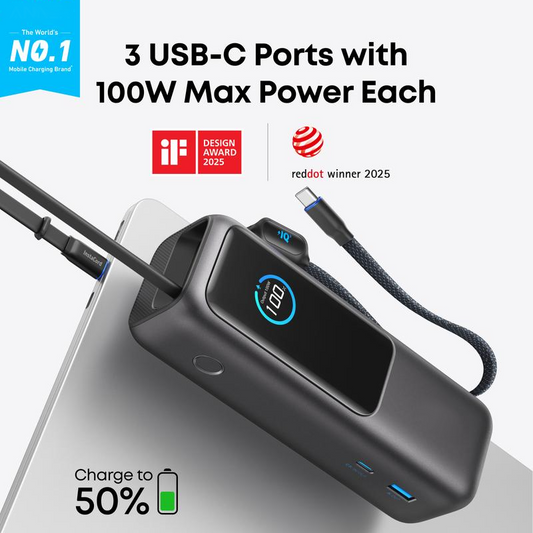 Power Bank, 25000mAh Caricatore Portatile con Tre Porte USB-C da 100W per Ricarica Multi-Dispositivo, Cavi Integrati e Retrattili