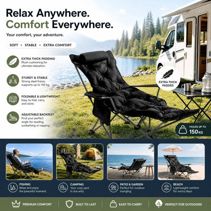✨🏖️ Dal mare al campeggio: questa sdraio da esterno regolabile in 4 posizioni con poggiapiedi si adatta al tuo comfort. Struttura in acciaio robusta, tessuto traspirante e tracolla inclusa. 50% DI SCONTO!