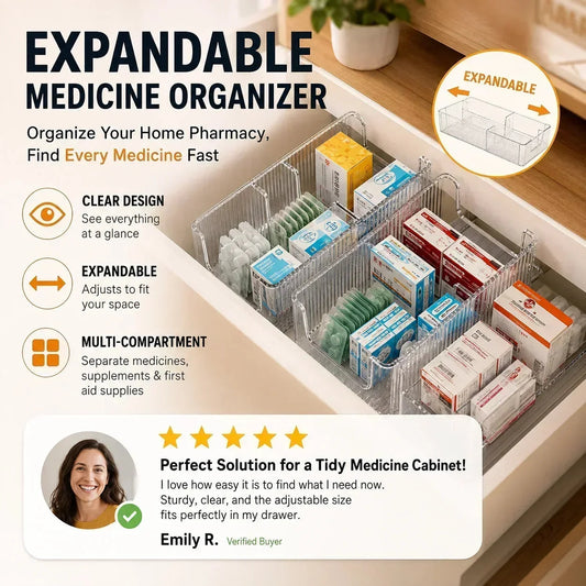 🔥Organizzatore per farmaci trasparente ed estensibile: perfetto per tenere il kit di pronto soccorso ben ordinato💊🗄️