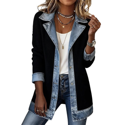 50% DI SCONTO! ⭐ Elegante cappotto in denim da donna con inserto in maglia a coste